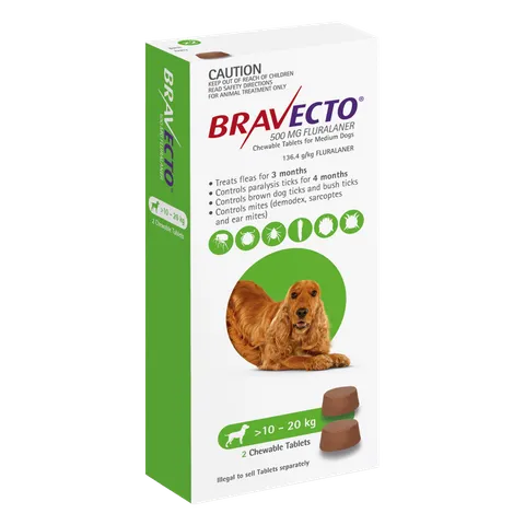[BRAVECTOGREEN2PK] Bravecto Chew Medium Dog 10-20kg Green 2pk