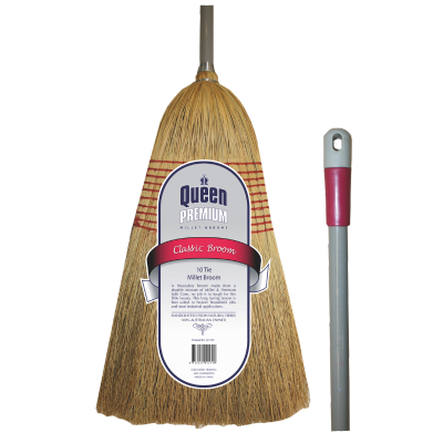 [BROOMQUEENRED] Millet Broom 10 Tie Dense Fill Metal Handle Queen