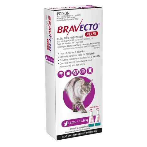 [BRAVECTOPLUSSOCAT Purple 6.25 - 12.5 kg 2Pk] Bravecto PLUS Spot-on for Cats Purple 6.25kg-12.5kg 2Pk