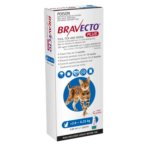 [BRAVECTOPLUSSOCAT- Blue 2.8 - 6.25 kg Single Pk] Bravecto PLUS Spot-on for Cats - Blue 2.8 - 6.25 kg Single Pk